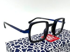 Lunette JF Rey, JF2985 petite monture carrée noire à branche structure métal double bleu, chez Optique Place des Fêtes opticien à Paris 19