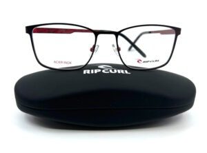 Lunettes Rip Curl homme, forme rectangulaire en métal face bleu, branches rouges, chez Optique Place des Fêtes, votre opticien à Paris 19