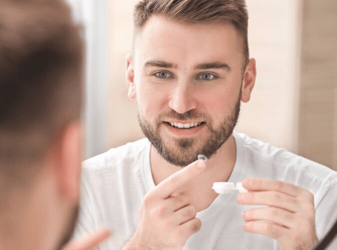 homme posant une lentille de contact mensuelle