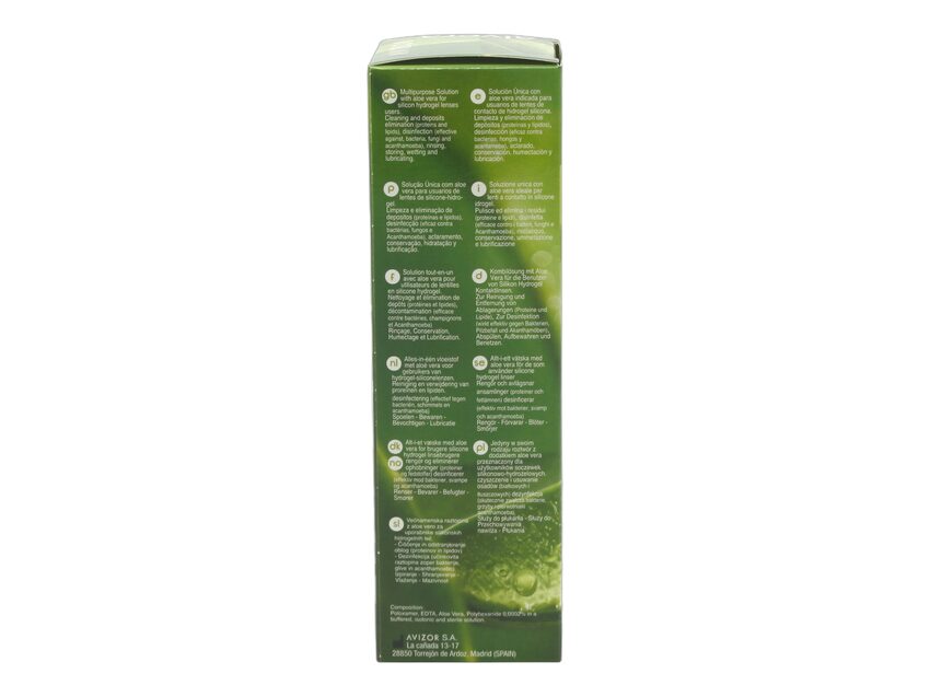 Solution d'entretien tout en un pour lentilles souples Avizor Alvera à base d'Aloe Vera 350 mL coté